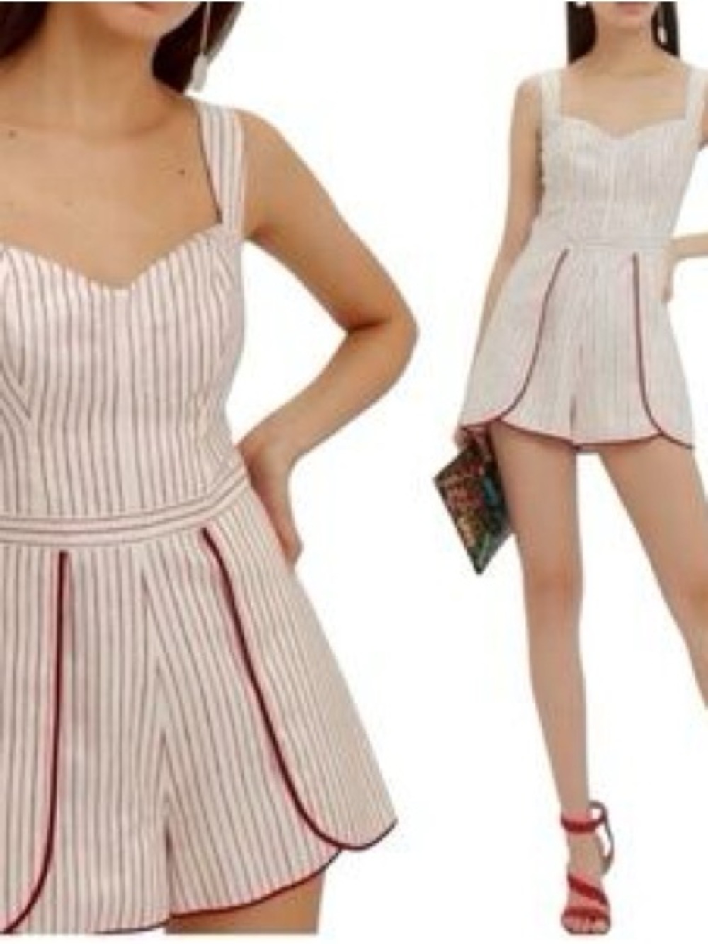Alexis Striped Sweetheart Neckline Romper in Cream and Red